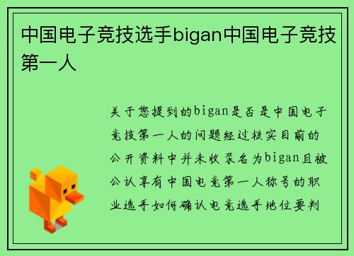 中国电子竞技选手bigan中国电子竞技第一人