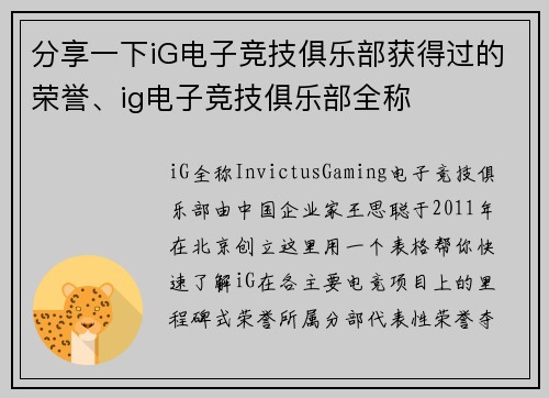 分享一下iG电子竞技俱乐部获得过的荣誉、ig电子竞技俱乐部全称